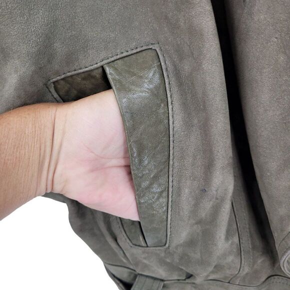 Rare Vintage 80s Winlit Army Green Leather Bomber Jacket M Raglan Belted - Picture 8 of 16